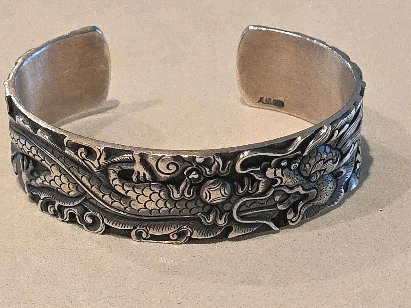 Solid S999 Fine Silver 999 Bracelet Men Women 1" W Dragon Open Bangle