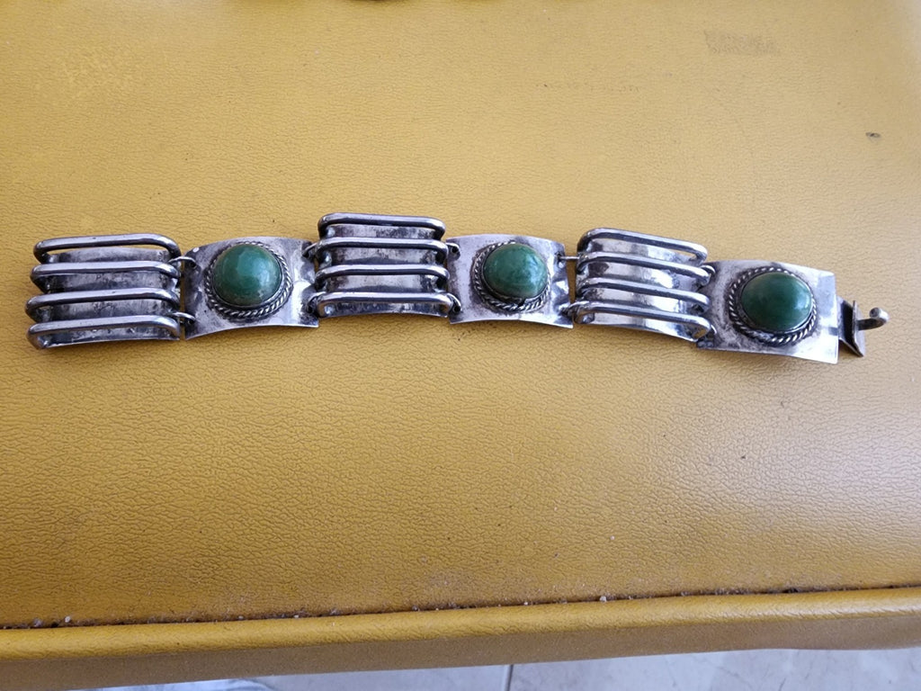 OLD MEXICO MEXICAN MODERN MODERNIST STERLING SILVER GREEN STONE BRACELET 7"