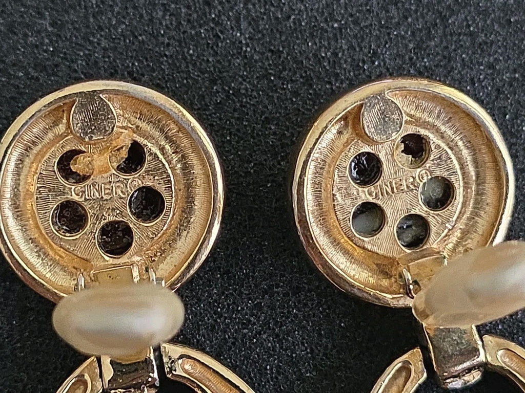 CINER EXCEPTIONAL RARE EARRINGS HUGE CHANDELIER SHOULDER HOOPS & CABOCHON