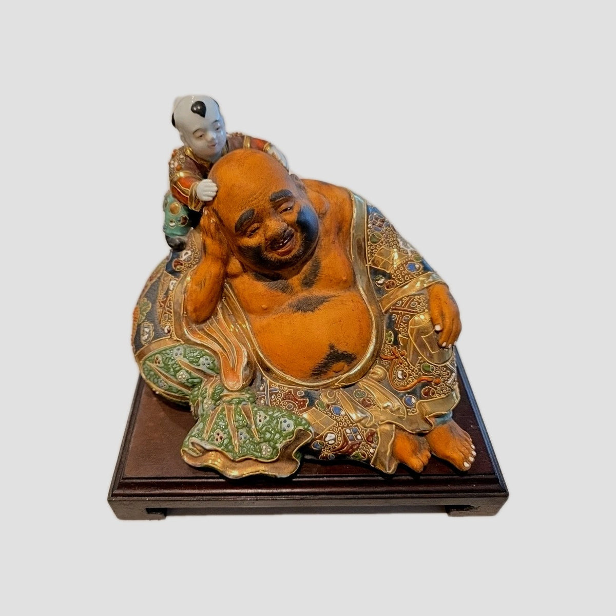 Antique Japanese Laughing Buddha with Child