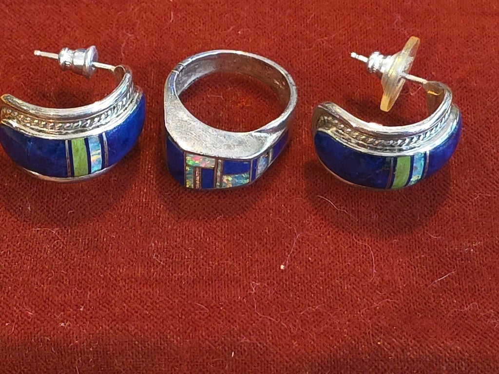 NAVAJO FRANCISCO  Inlay Earrings And Ring Sterling Silver Opal Lapis SZ.6.5