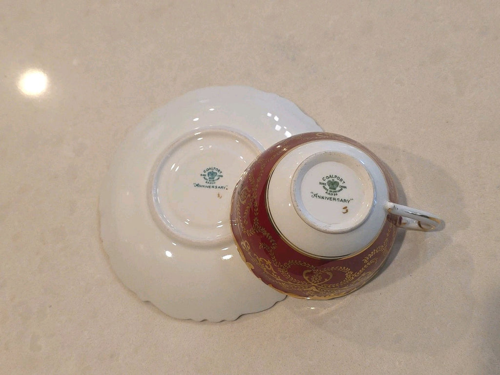 Set of 12 Coalport Bone China  Anniversary Cobalt Maroon Gold Tea Cup & Saucer