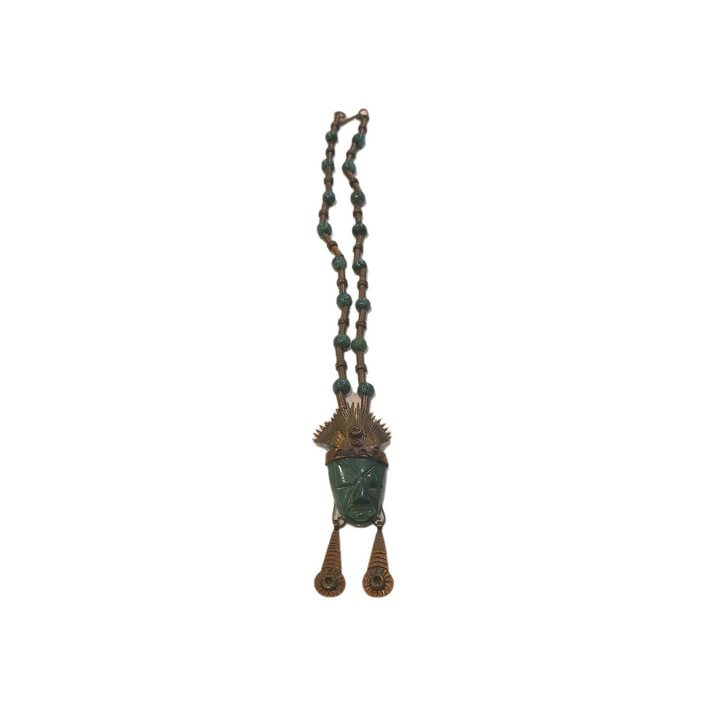 VERY STRIKING LARGE AZTEC DESIGN NECKLACE CARVED GREEN JADE STONE & COPPER