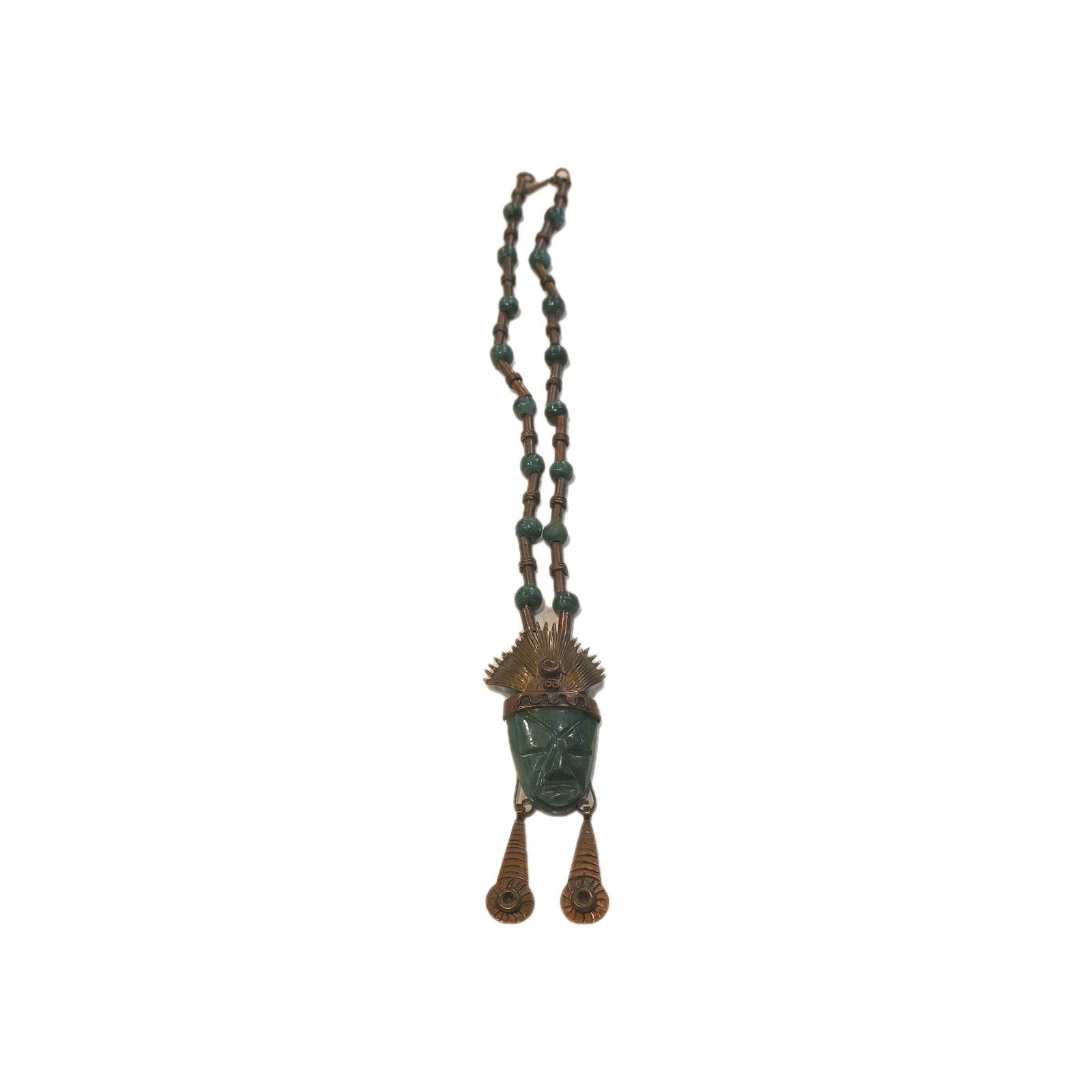 VERY STRIKING LARGE AZTEC DESIGN NECKLACE CARVED GREEN JADE STONE & COPPER