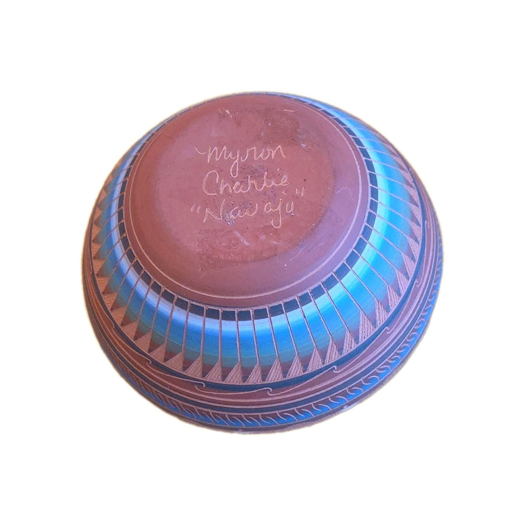 Navajo Myron Charlie Signed Etched Clay Pottery Vase Pot Bowl Native American