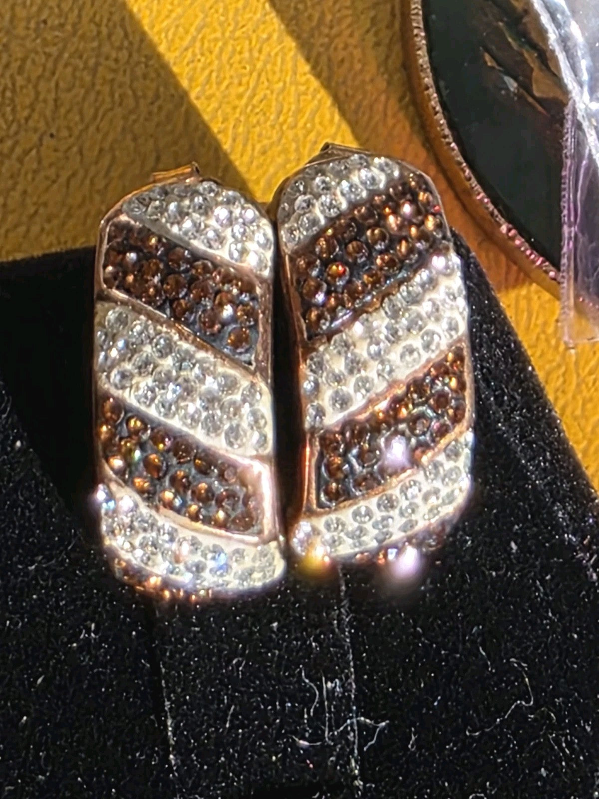 EARRINGS SILVER S925 Gold Wash with Pave  Brown & Clear Stones