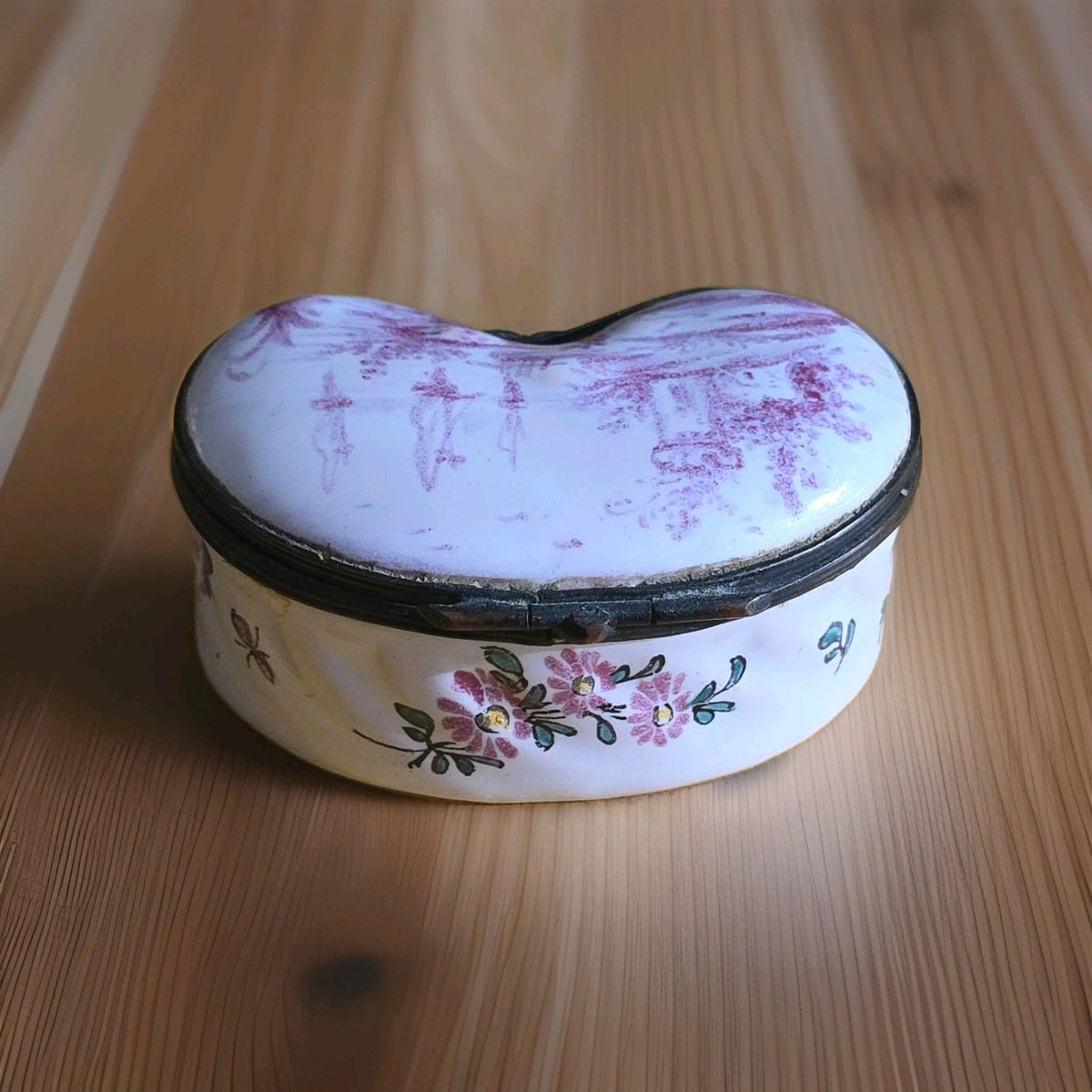 19th c Beautiful Faience Unusual  Kidney Shape Snuff Box Signed NB