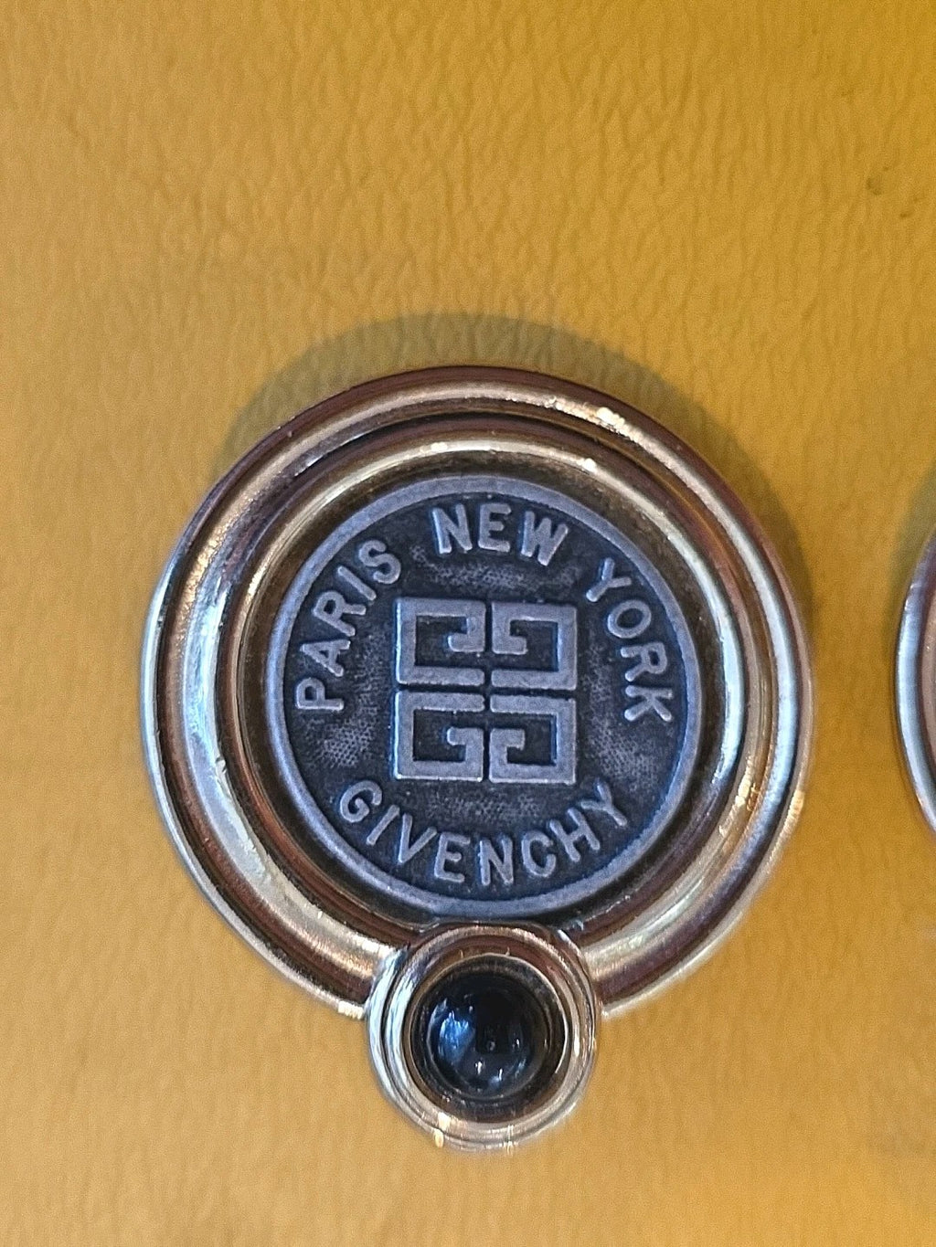 Givenchy Paris New York Logo Coin Blue Cabochon CLIP-ON Earrings Gold tone
