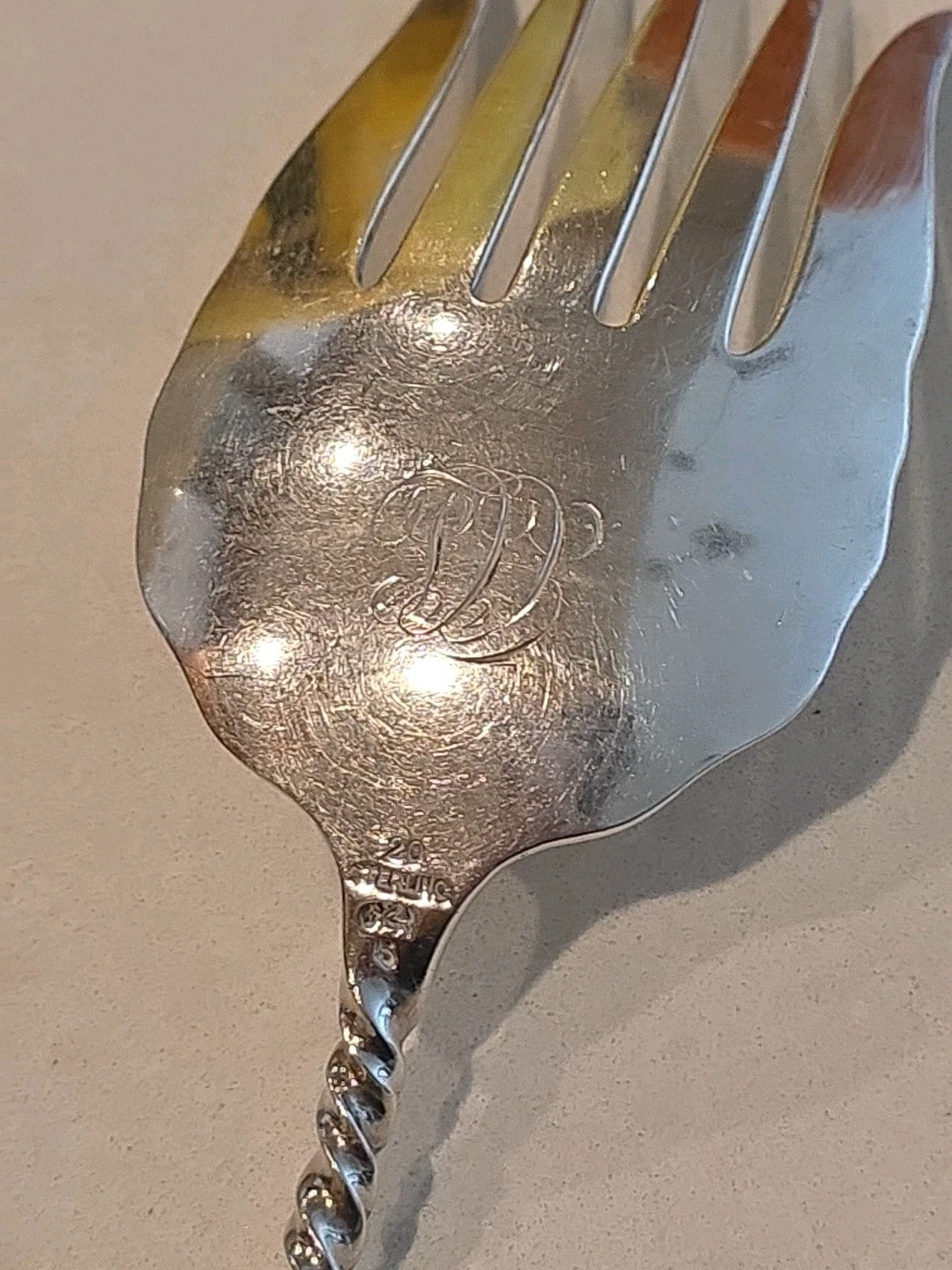 Square Twist #5 Whiting Sterling Silver Serving Sardine Fork Bright-Cut 8 1/2"