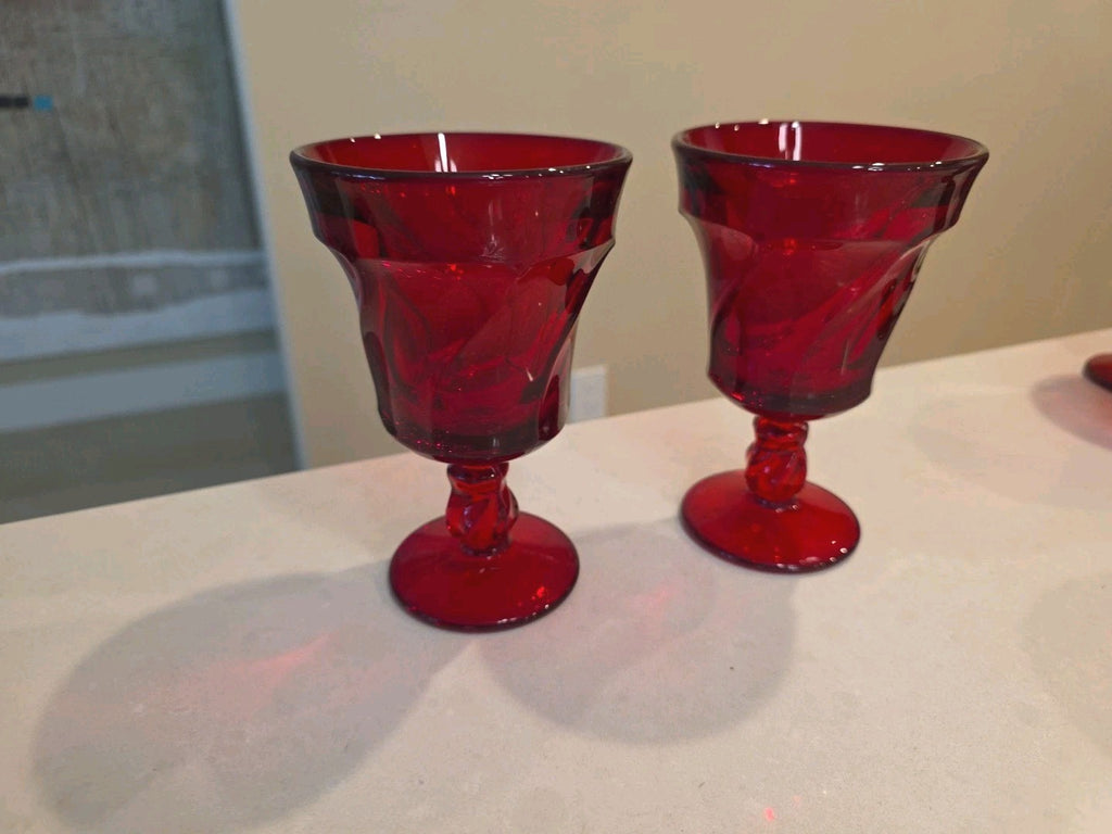 Vtg Fostoria Jamestown Ruby Red 5 7/8" Water Wine Goblet Glasses  Twisted Stem-2