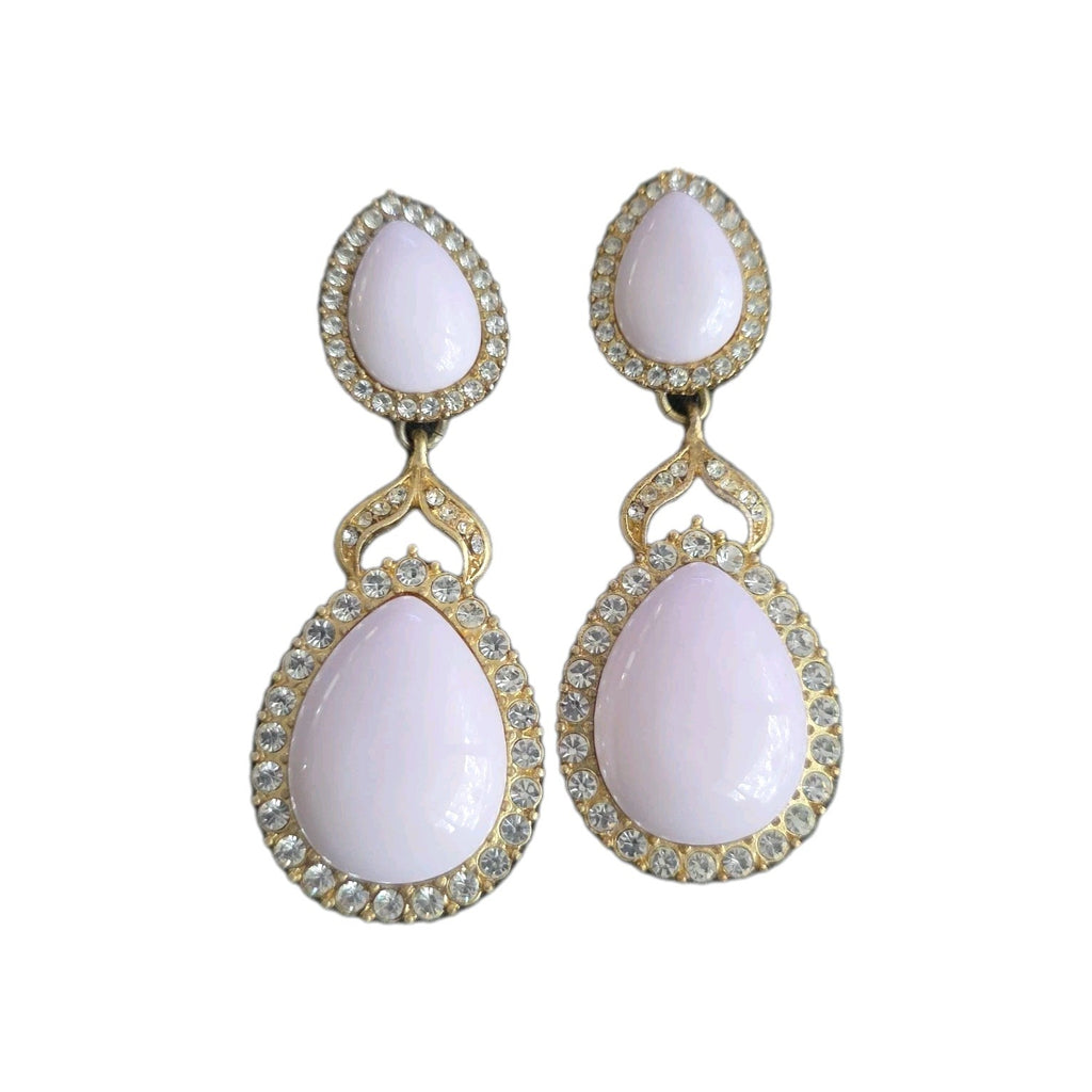 VTG LEE ANGEL Gold Tone Pink White Rhinestone Omega Back Dangle Earrings