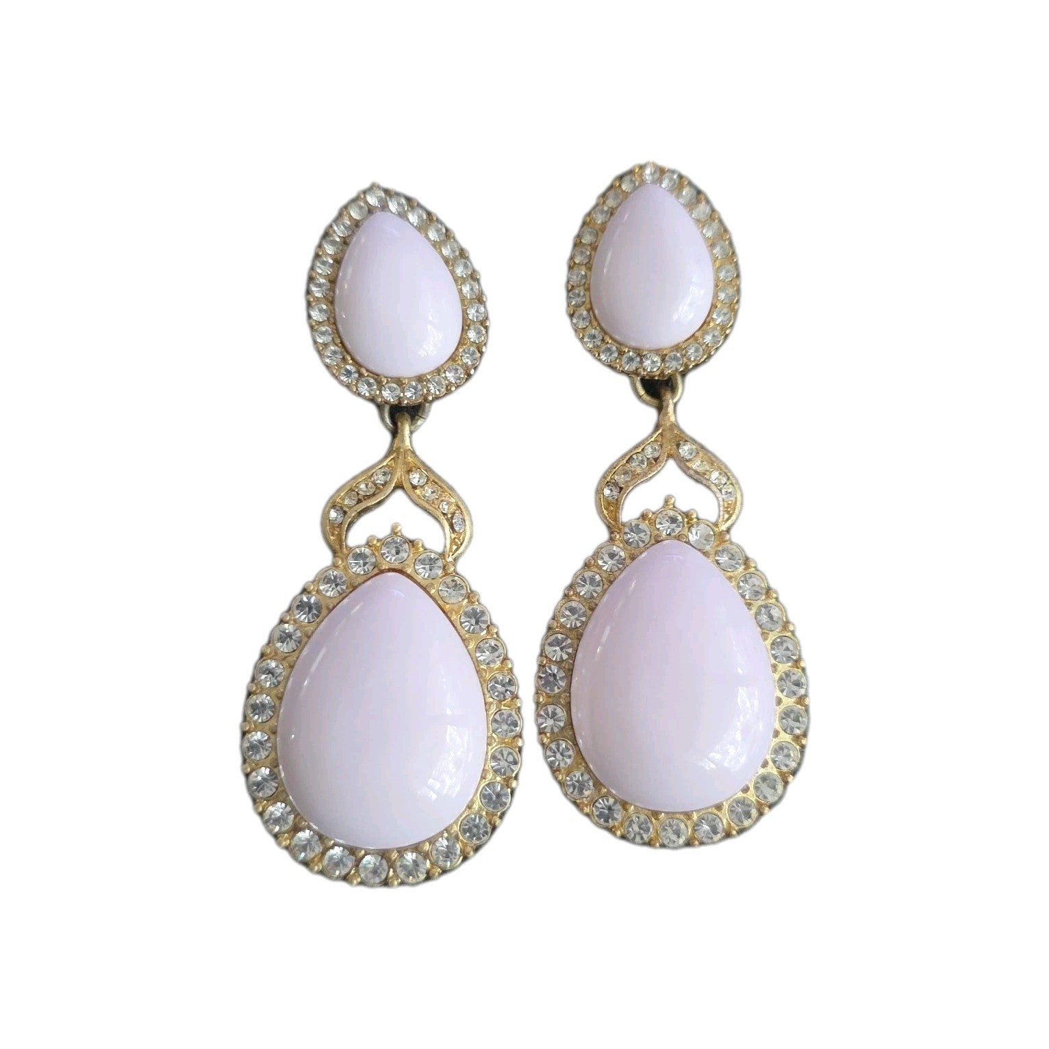 VTG LEE ANGEL Gold Tone Pink White Rhinestone Omega Back Dangle Earrings