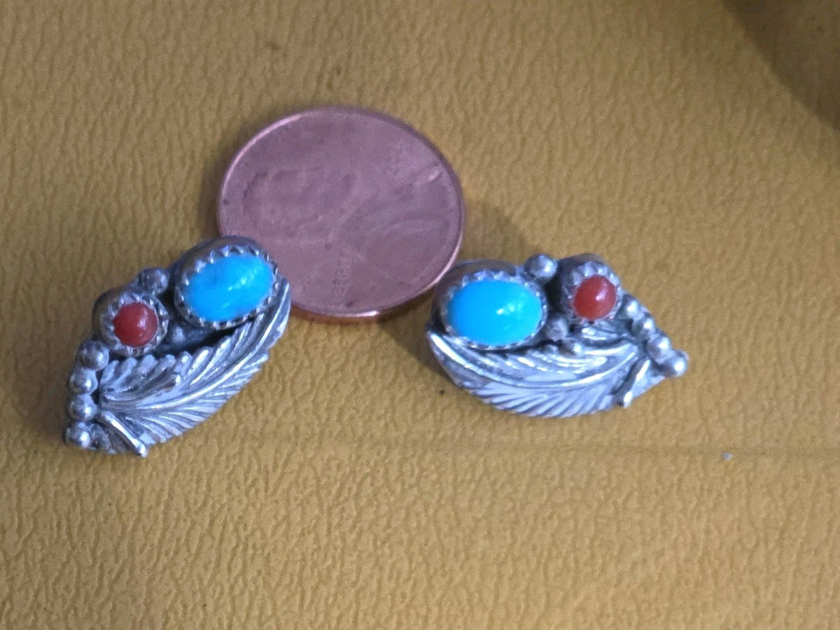 Blue Turquoise Red Coral Squash Blossom Sterling Silver 925 Post Earrings #730