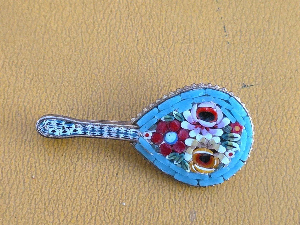 Large Rose Flower Micro Mosaic Brooch Mandolin Guitar Grand Tour Pin