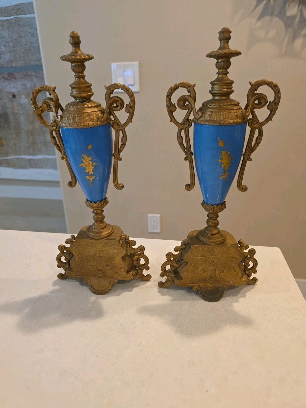 Pair 13" Sevres Style Hand Painted Porcelain Twin Handled Covered Urns