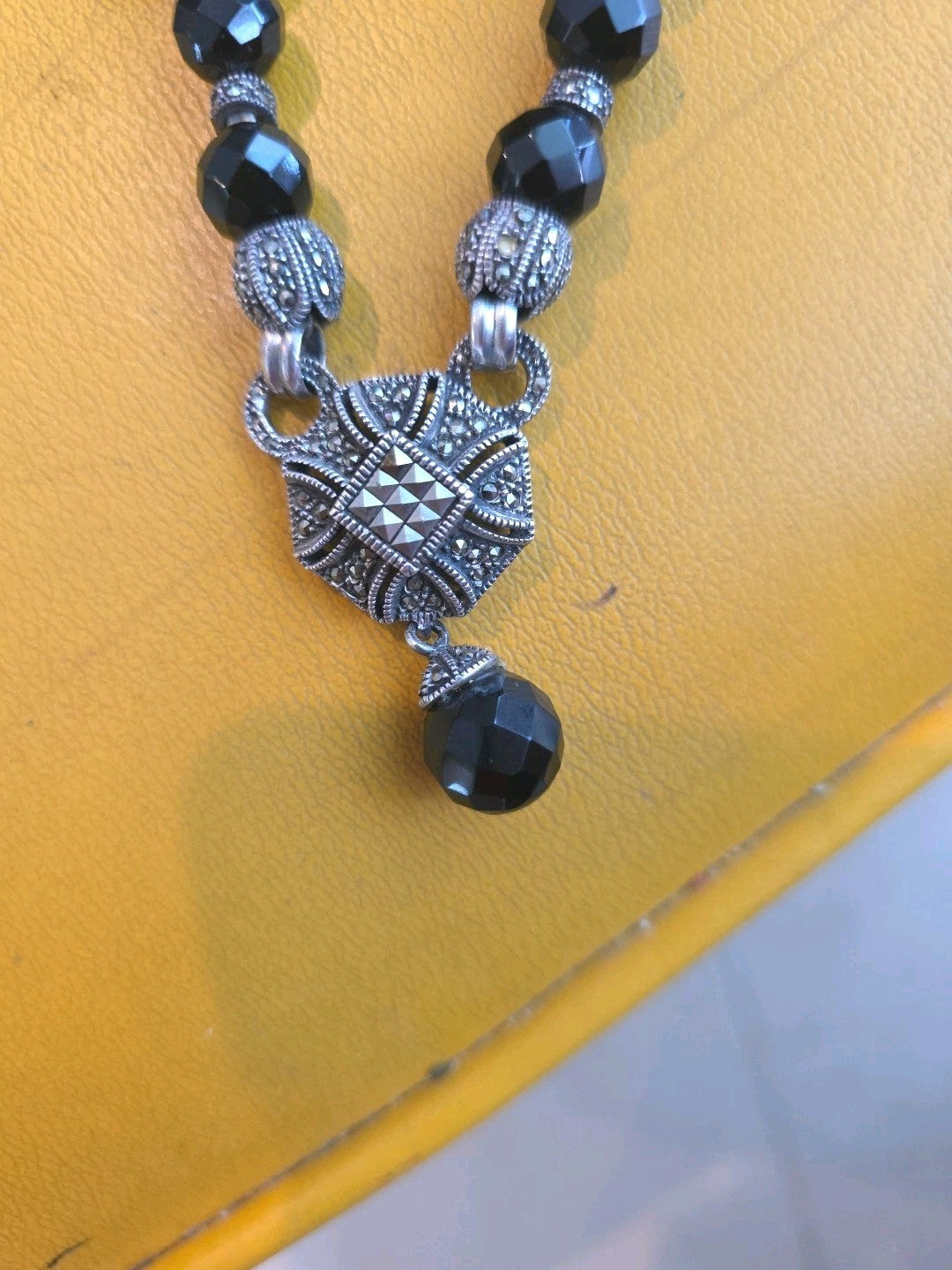 Vintage Art Deco Silver Locket W Silver Clasp 925 Stamped With Black Onyx Beads