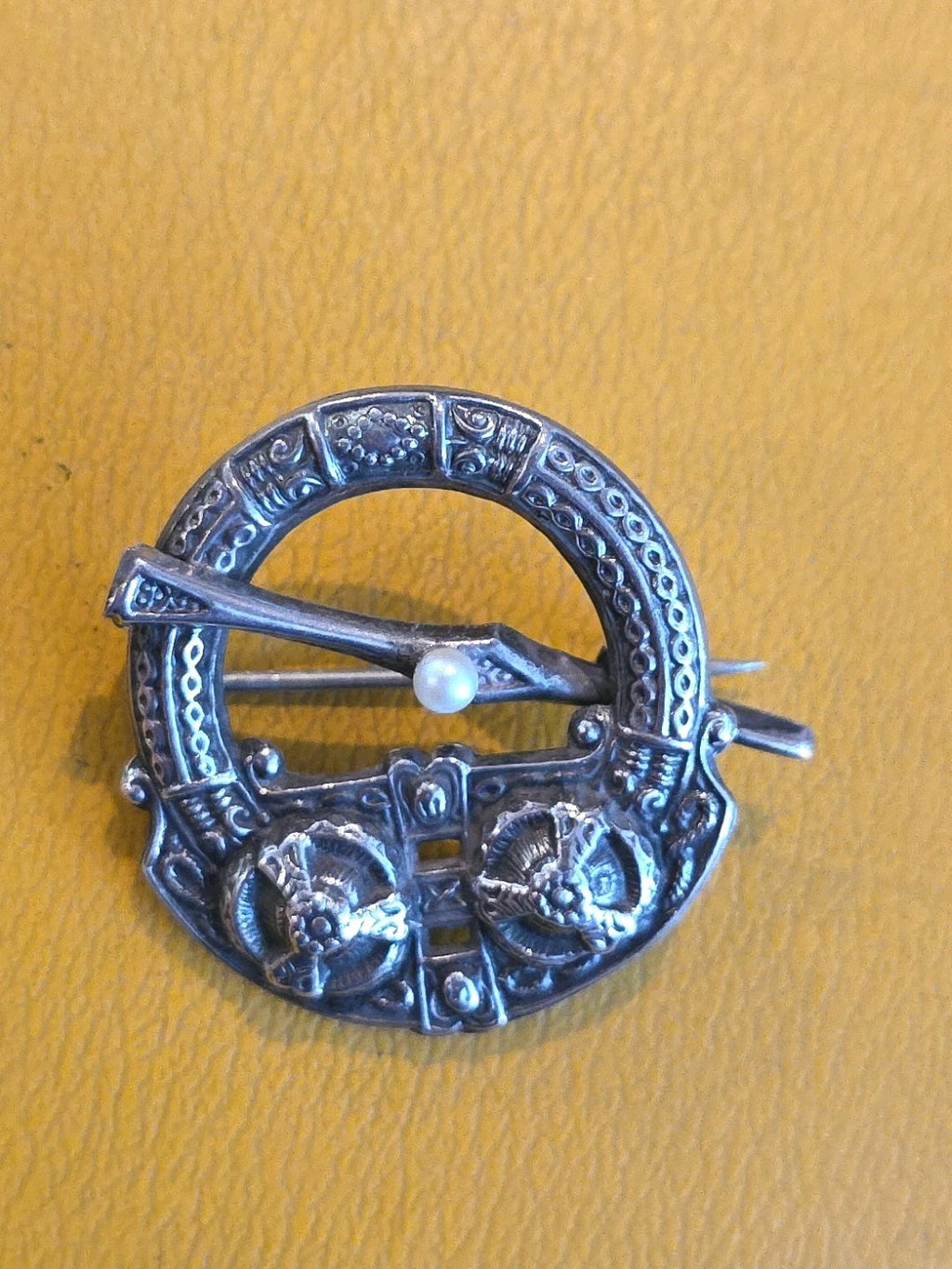 Antique Sterling Penannular W Sea Serpent & Pearl 1918