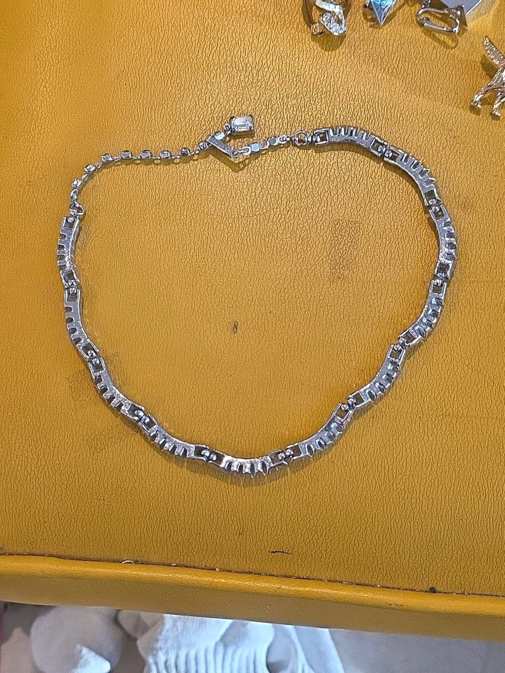 TRIFARI Signed Vintage MCM Baguette Rhinestone Choker Necklace Silver Tone