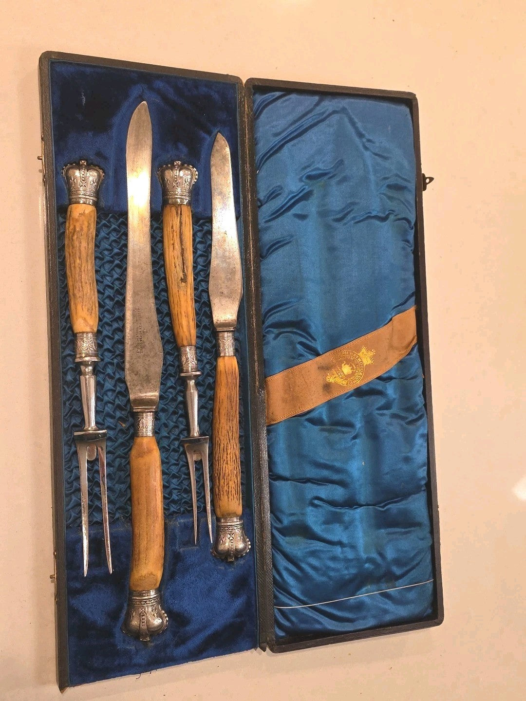 Antique Sterling & Stag Handle 4 Piece Carving Set Joseph Haywood & Co