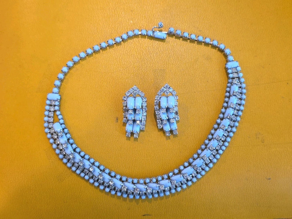 Vintage Kramer Blue Rhinestone Statement Pieces Necklace Bracelet Earrings