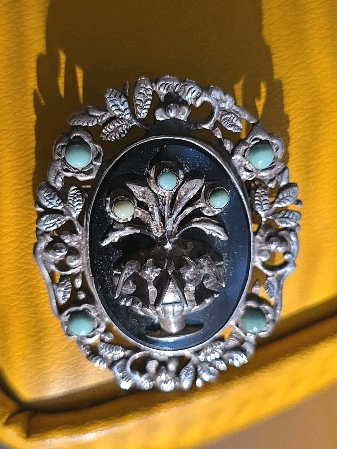 925 Sterling Silver Vintage Mexico Birds Birdbath Onyx Brooch Pin