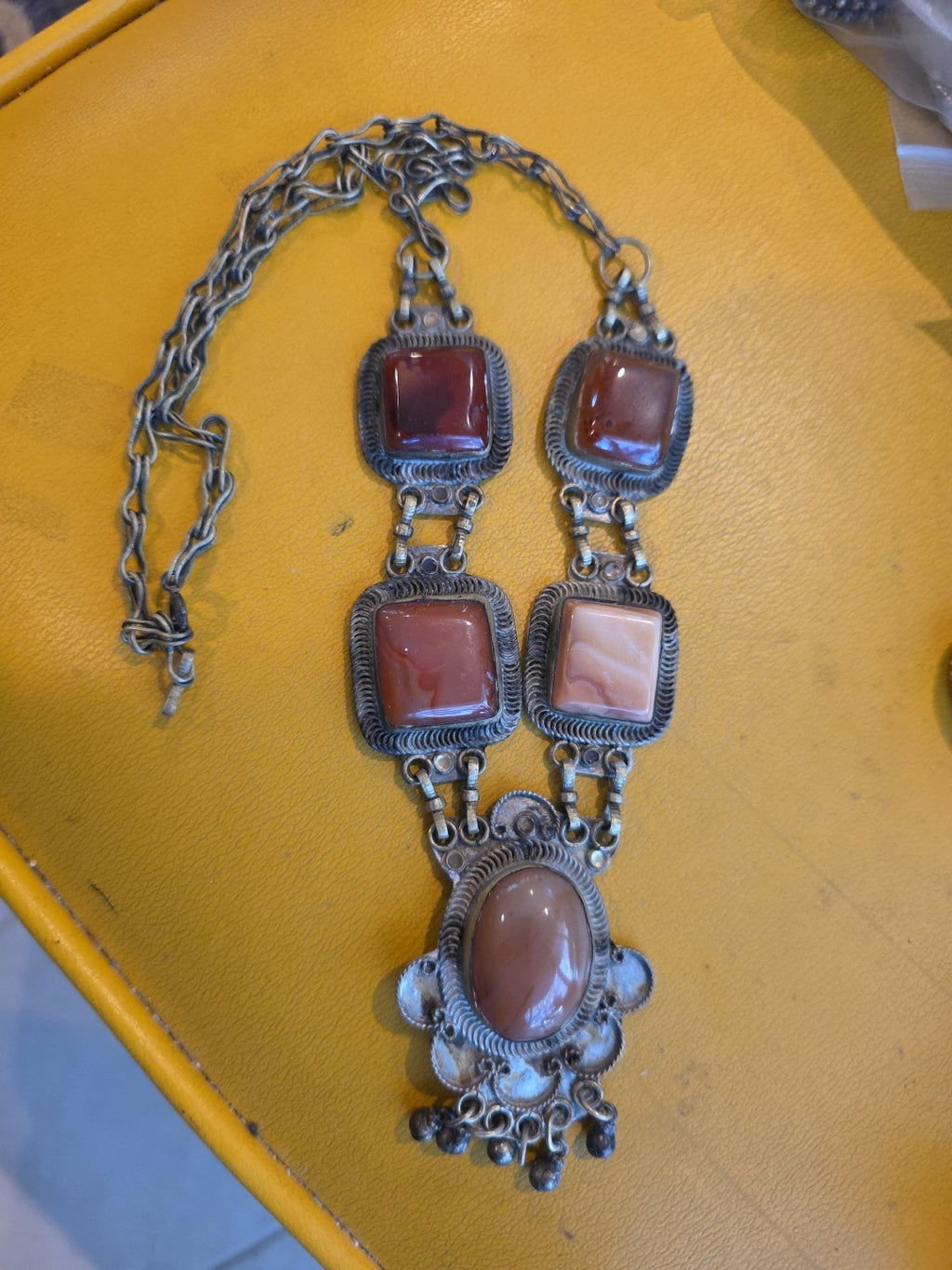 Vintage Art Deco Semi Precious Stones Metal Choker Necklace