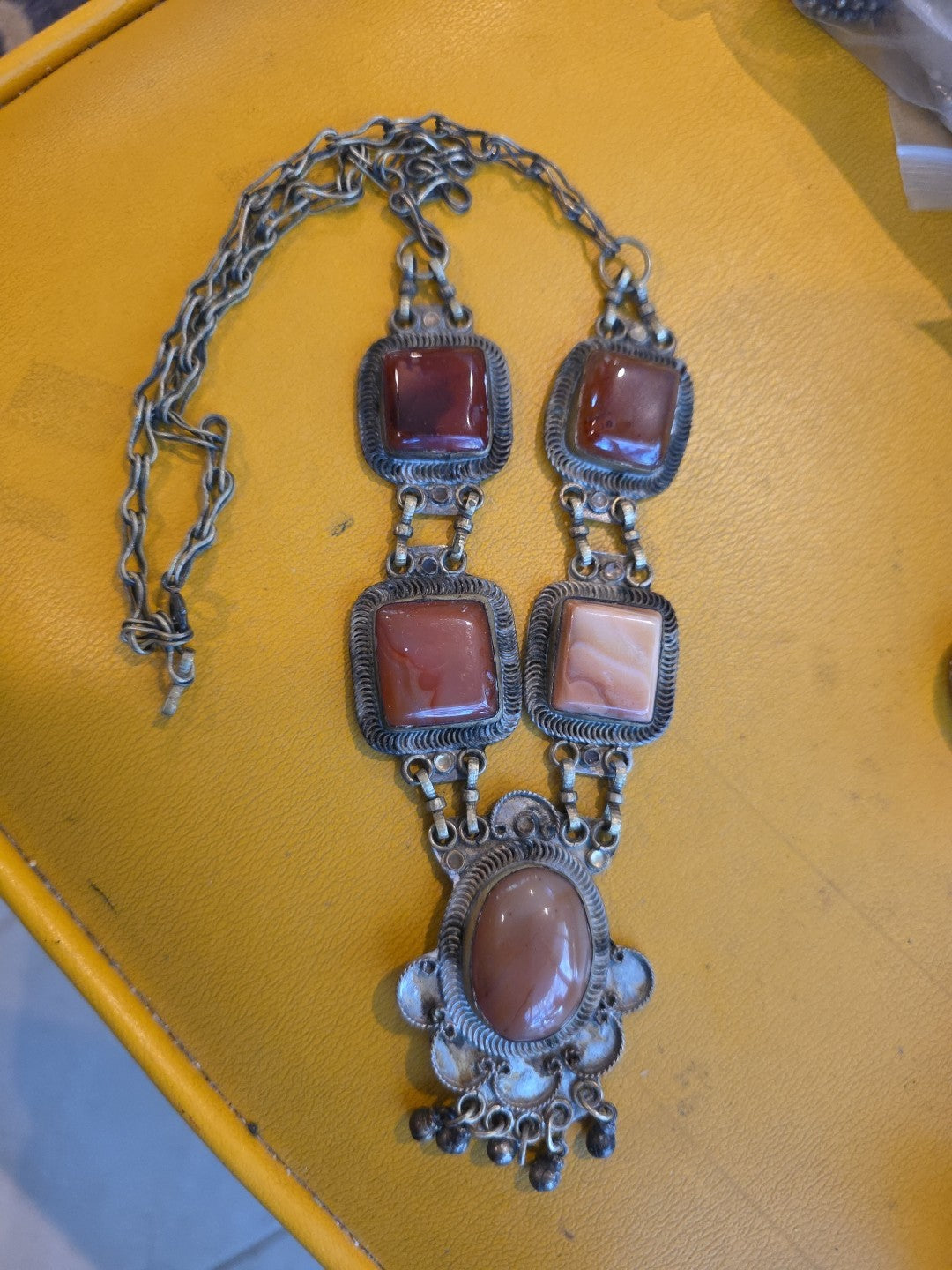 Vintage Art Deco Semi Precious Stones Metal Choker Necklace