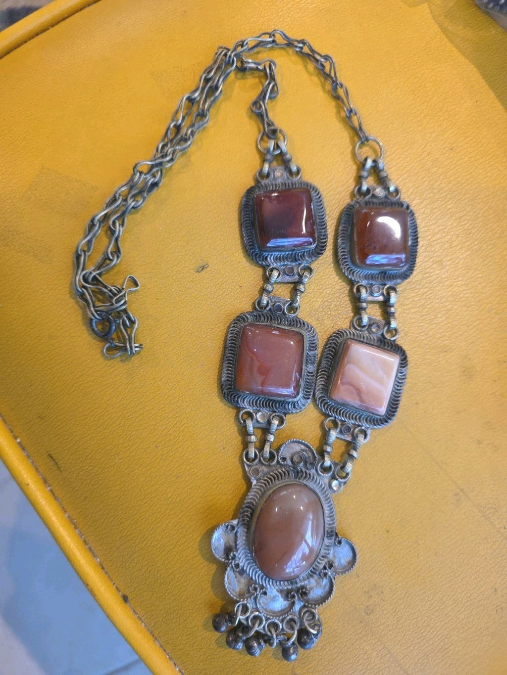 Vintage Art Deco Semi Precious Stones Metal Choker Necklace
