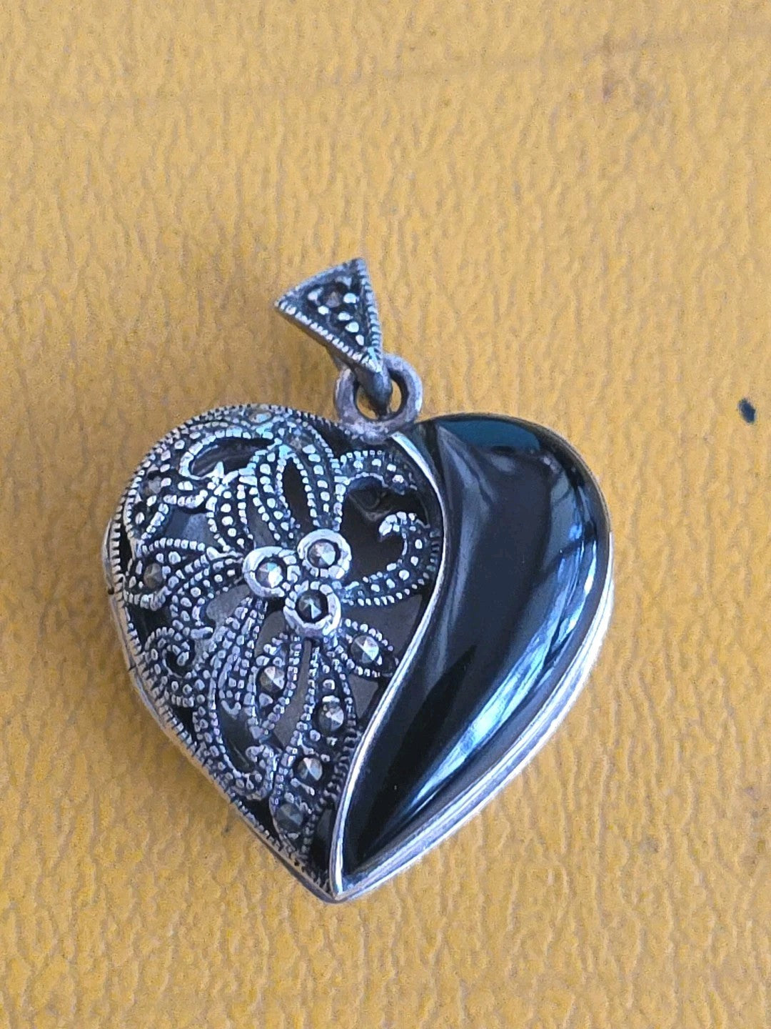 Vintage FAS Sterling Silver Black Onyx & Marcasite Gem Heart Locket Pendant