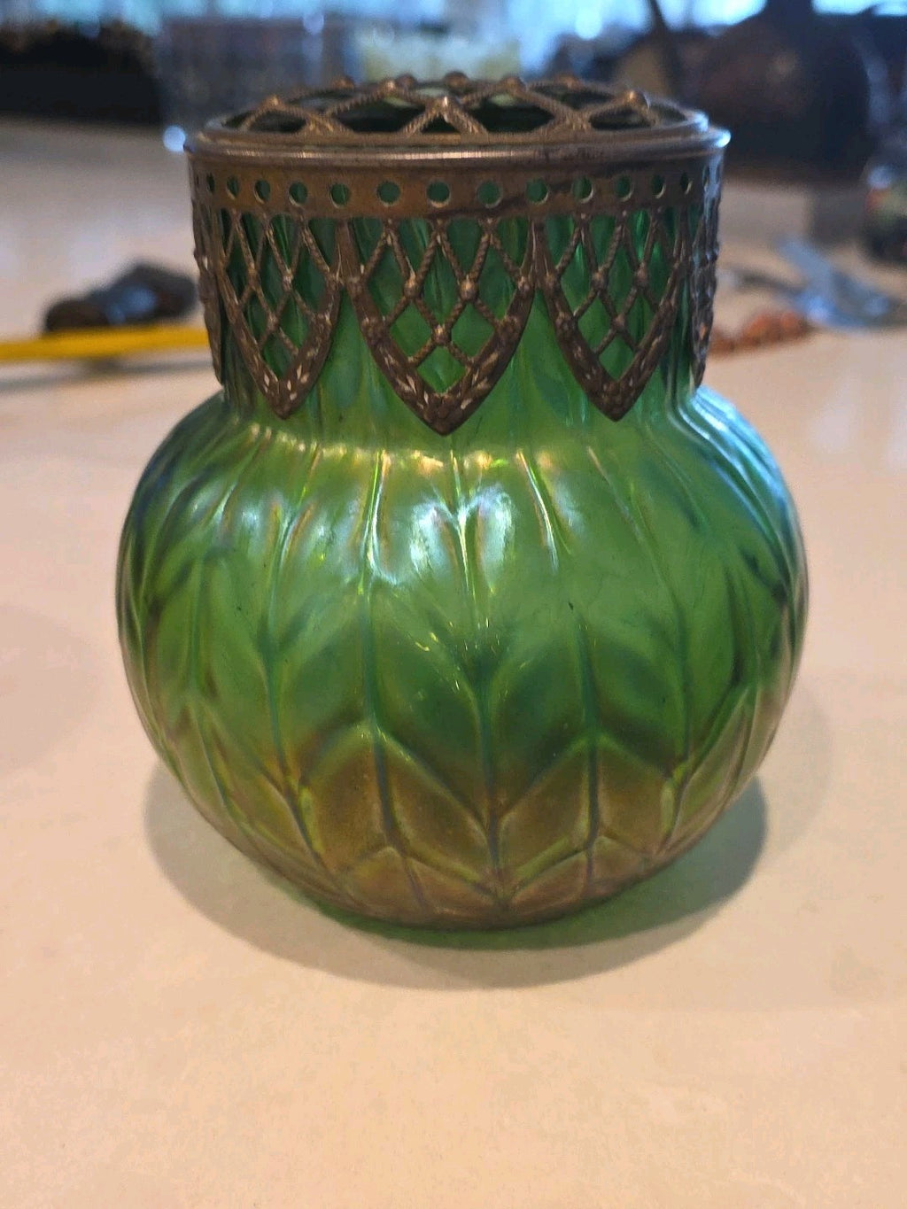 Early 20th c Loetz Style Green Iridescent Art Glass Vase w/Brass Filigree Collar