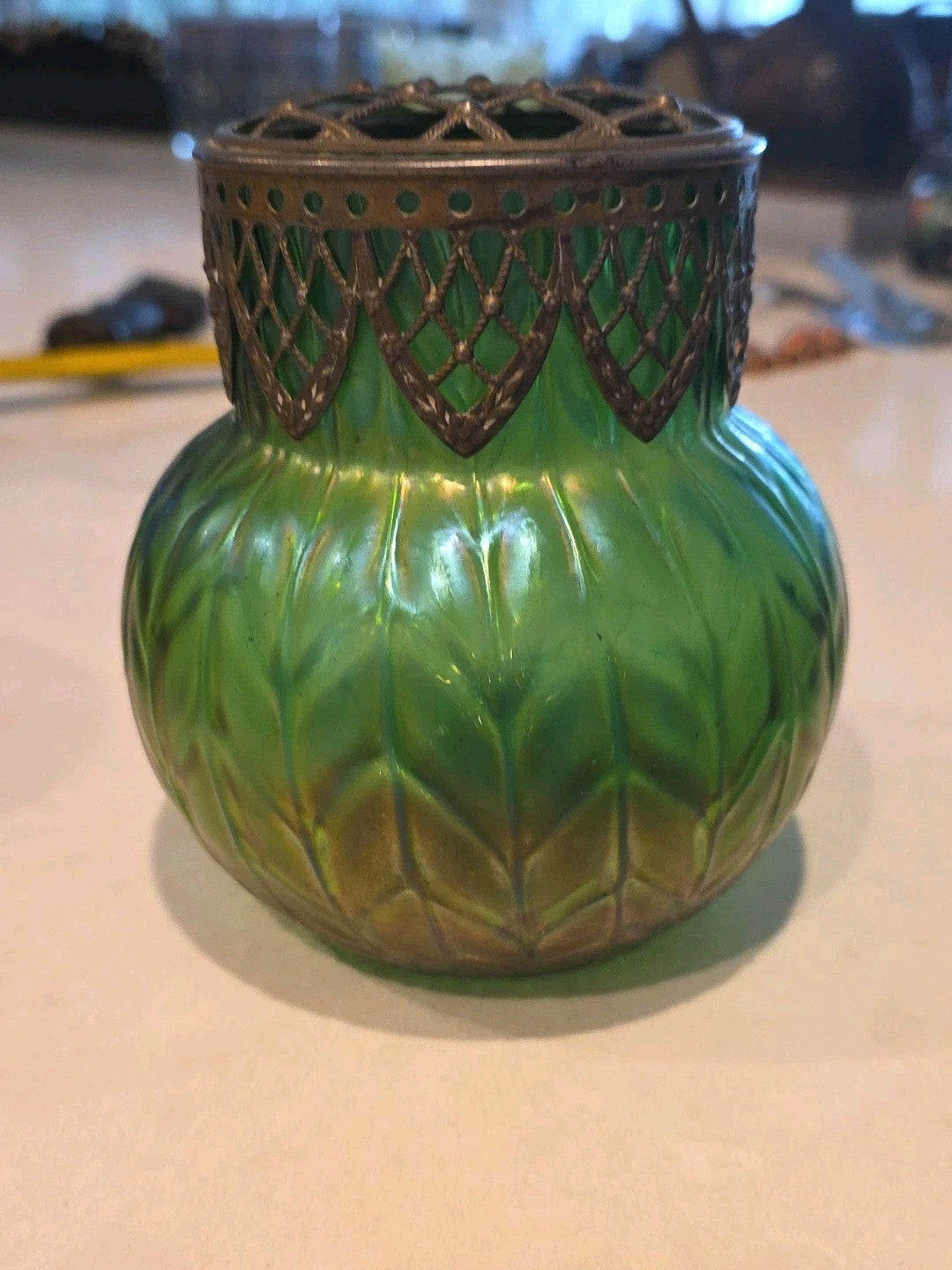 Early 20th c Loetz Style Green Iridescent Art Glass Vase w/Brass Filigree Collar