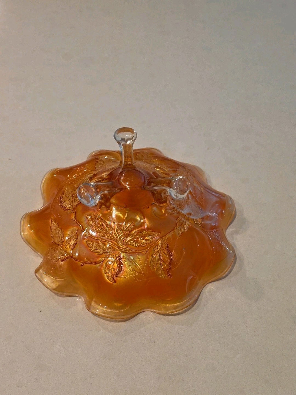 Dugan Amethyst Carnival Glass Cherries Three Footed Antique Bowl 1910s