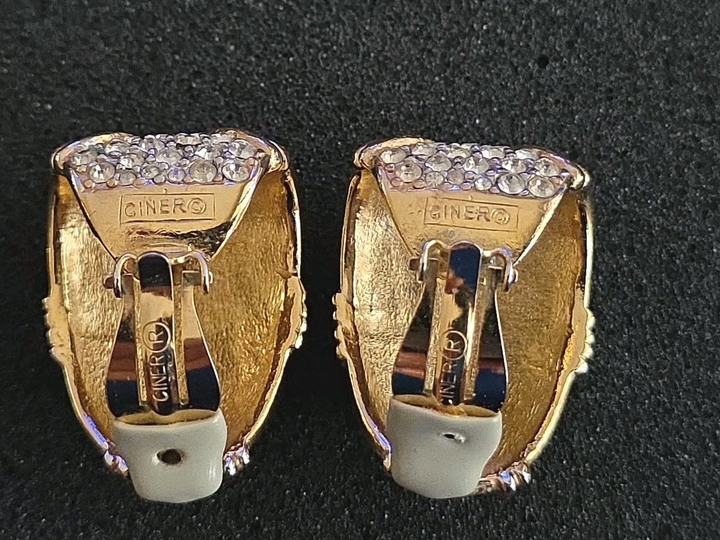 CINER 1980s Diamante Earrings Huge Gold-plated White Crystal Signed Clip-ons