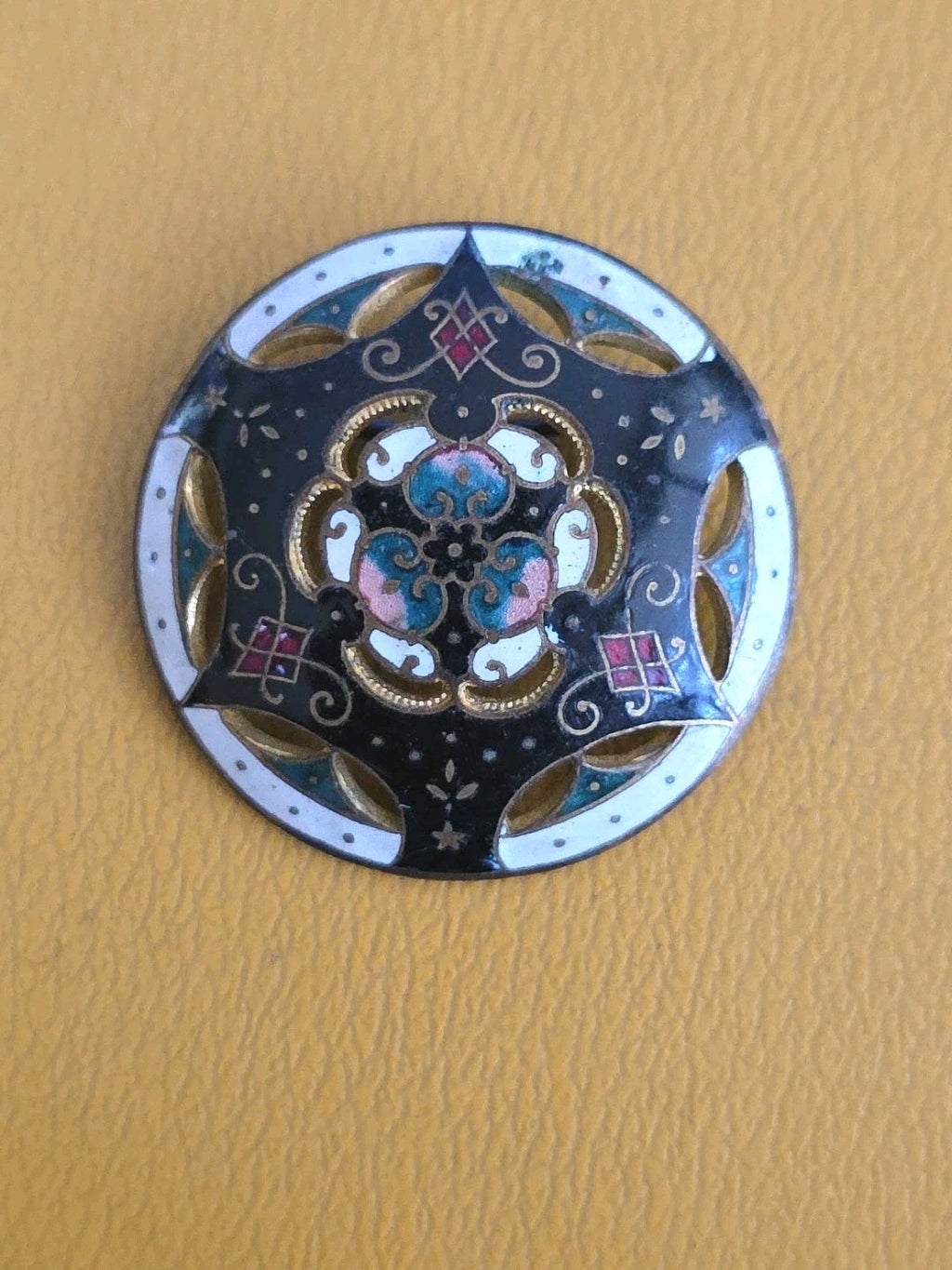 Antique Large  Gilded French Champleve Enamel Button Brooch Pin 1 3/8" Dia.