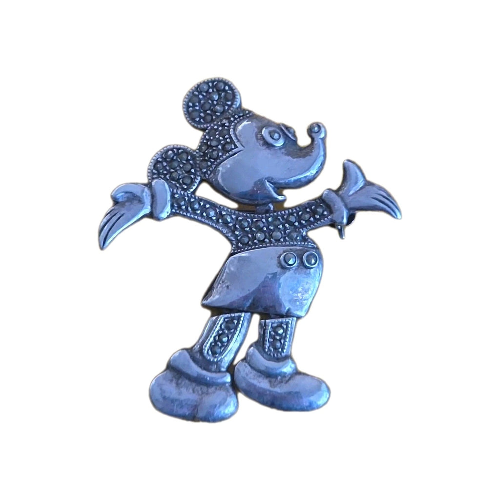Moving Head Legs Mickey Mouse Brooch Sterling Silver Marcasite Pendant
