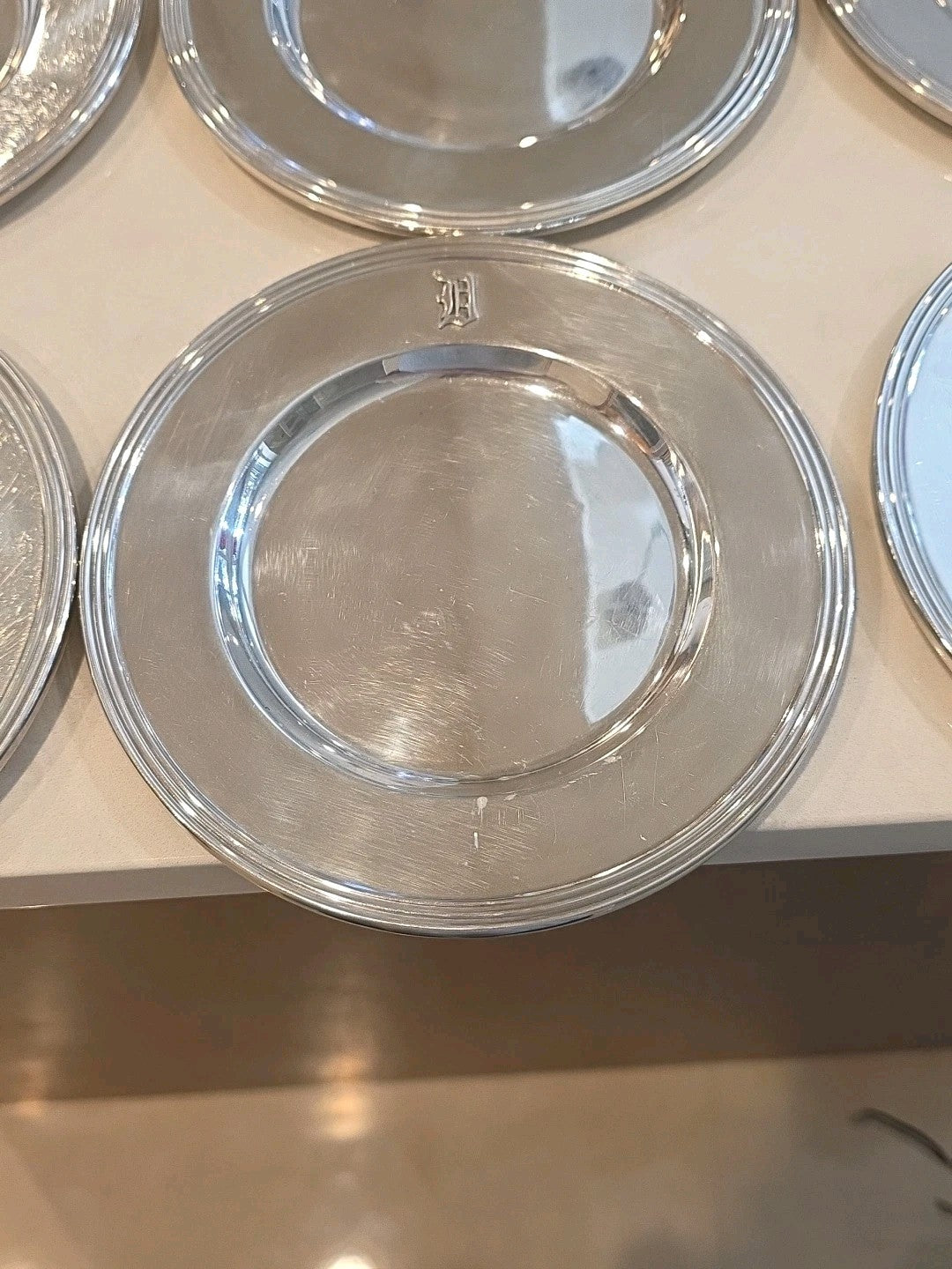 Antique Set of 12 Monogram Sterling Silver Bread & Butter 6" Plates