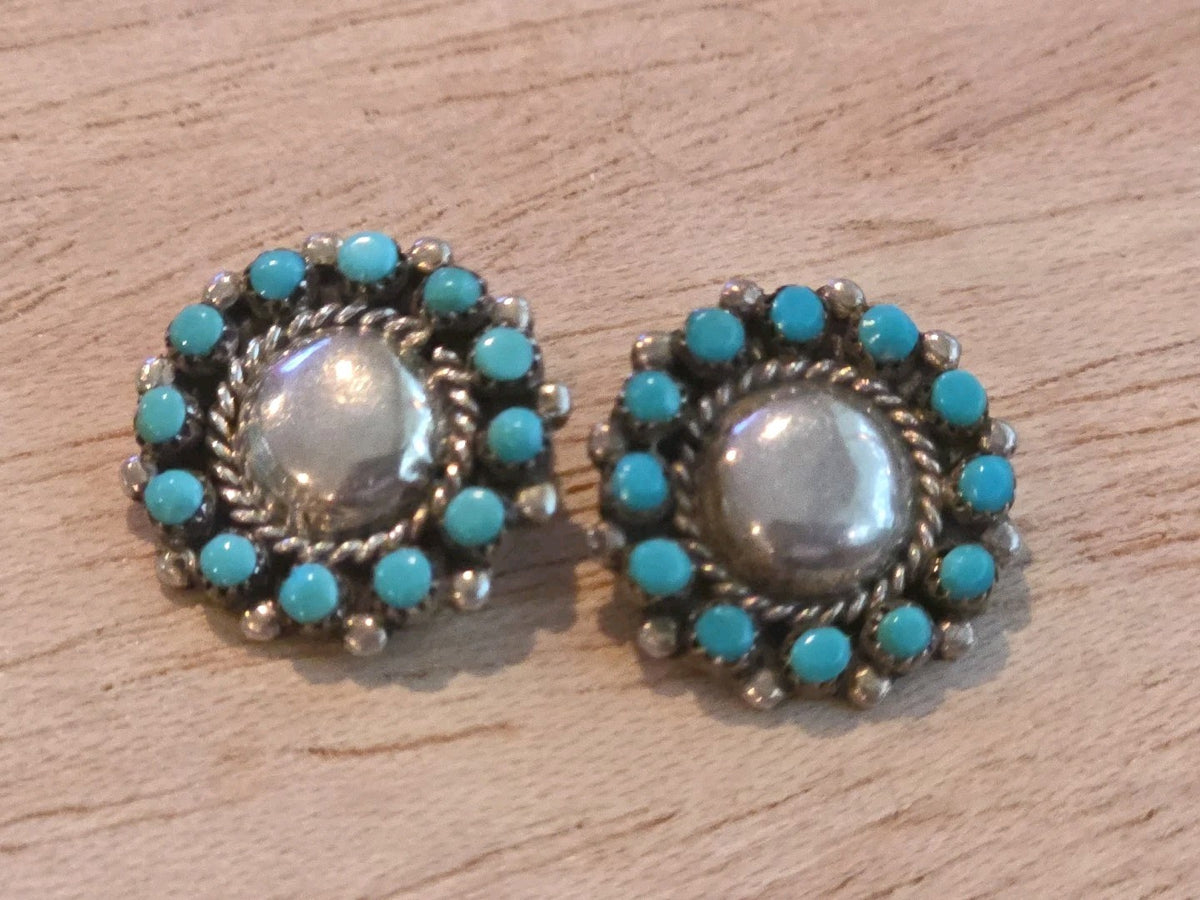 Native American Zuni Sterling Silver Turquoise Petit Point Flower Earrings