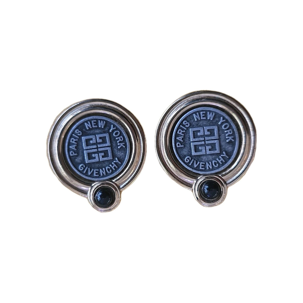 Givenchy Paris New York Logo Coin Blue Cabochon CLIP-ON Earrings Gold tone