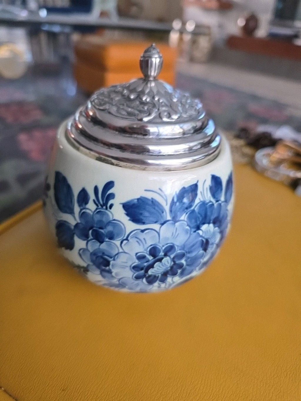 Delf Holland Handpainted Bonbonniere/ Mustard Dish With Silverplate Lid