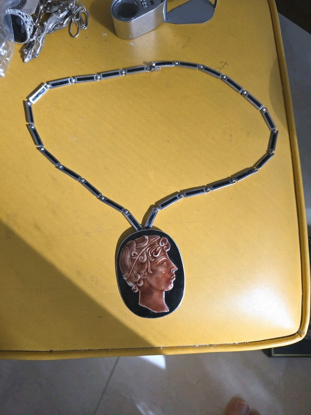 MARGOT DE TAXCO ENAMELED ROMAN PENDANT BOOCH W/DETACHABLE 22" CHAIN