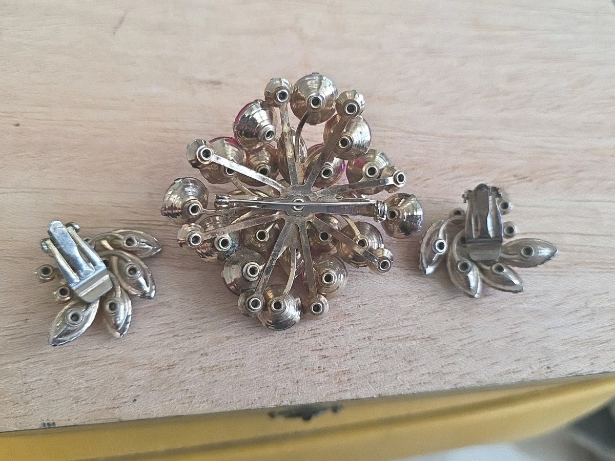 Vintage Rhinestone Dome Brooch Crystal Fuchsia Pink Red Garnet Layered Earrings