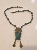 VERY STRIKING LARGE AZTEC DESIGN NECKLACE CARVED GREEN JADE STONE & COPPER
