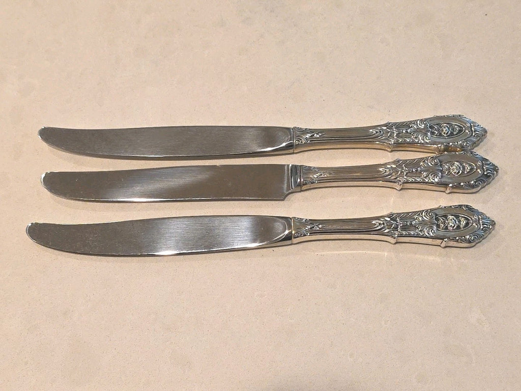 3 Wallace Sterling Silver Rose Point 9" Dinner Knives No Mono