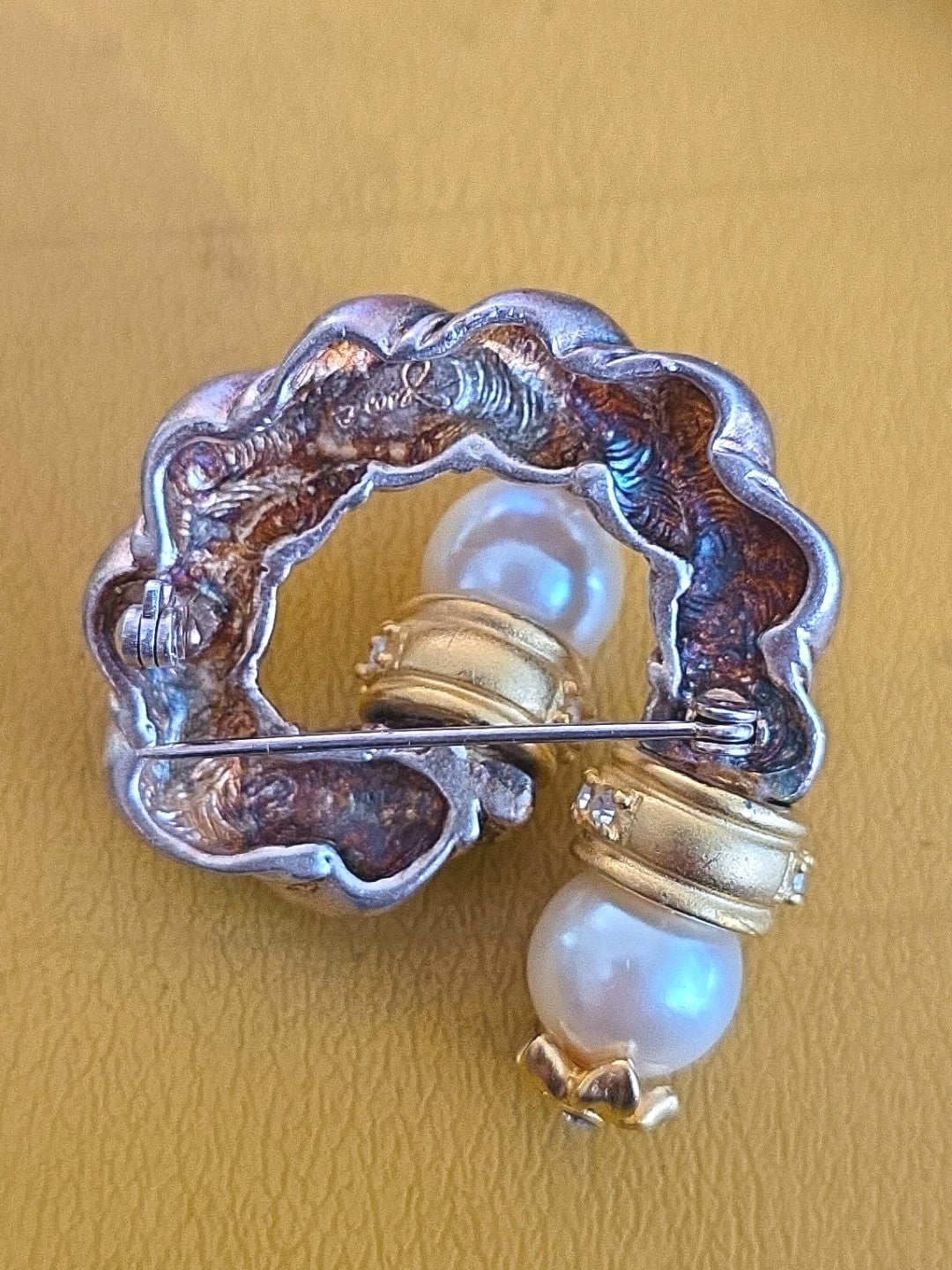 VintageJesara  Signed Two Tone Gold Tone Faux Pearl Rhinestone Brooch Pin