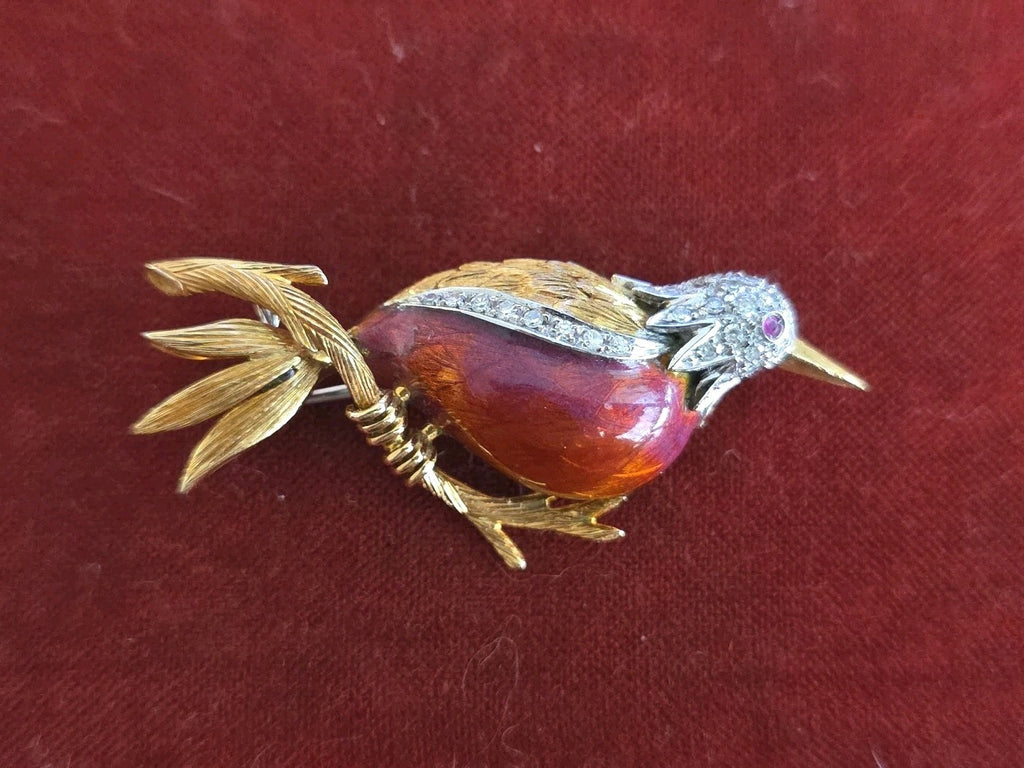 Retro Ruby Diamond Enamel 18k Yellow Gold Red Bird Brooch