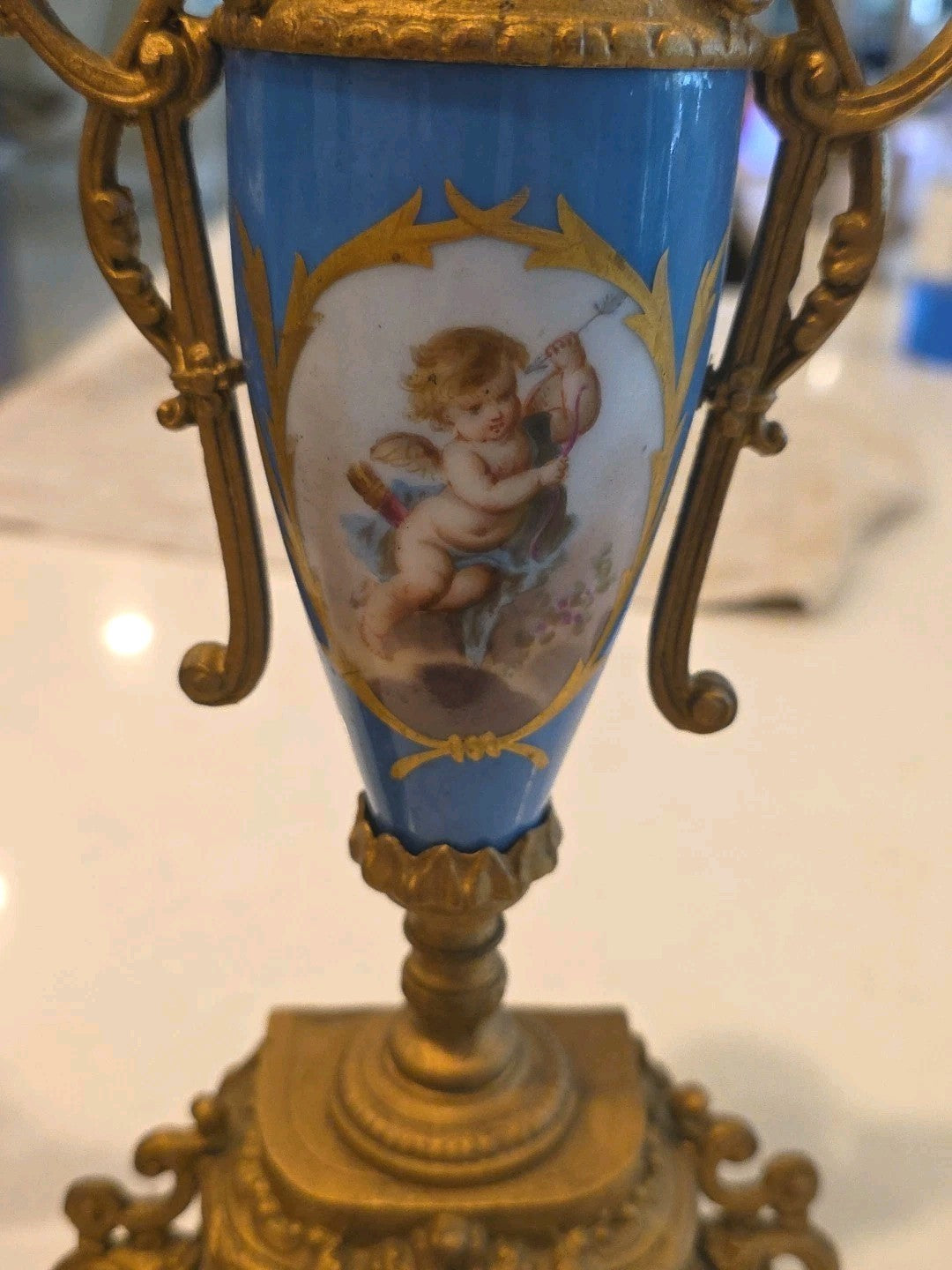 Pair 13" Sevres Style Hand Painted Porcelain Twin Handled Covered Urns