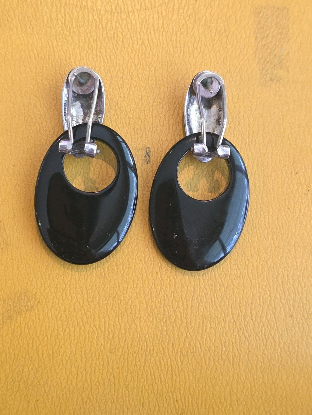 Vintage Round Taxco Mexico 925 Sterling Silver Black Onyx Dangle Earrings