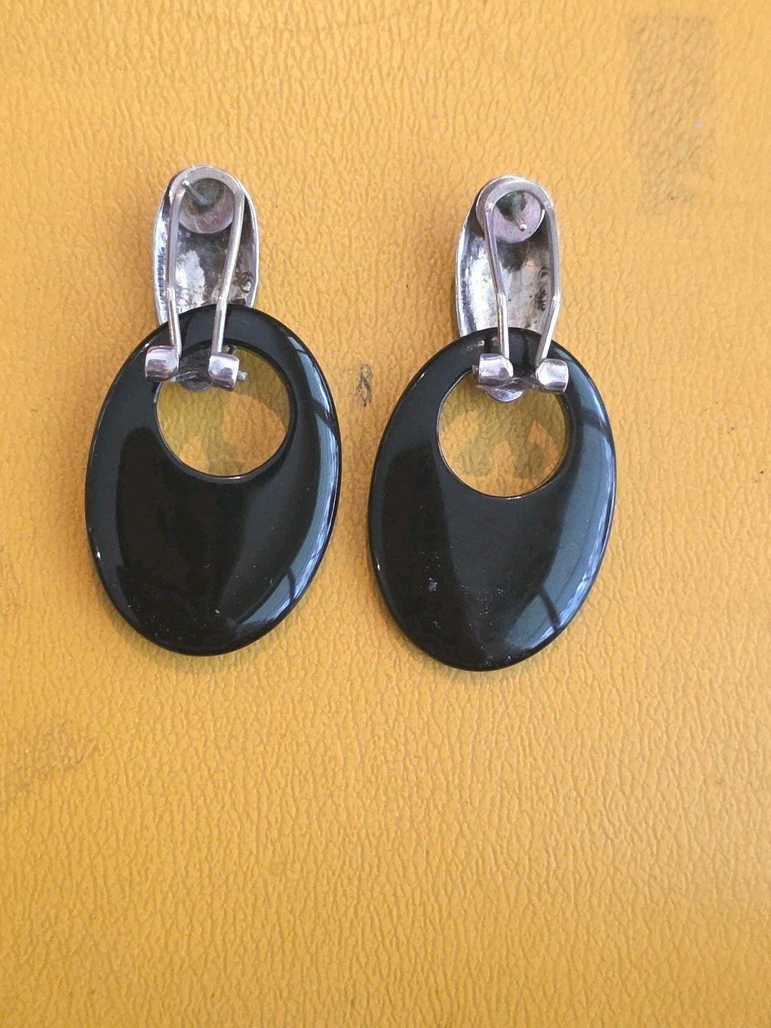 Vintage Round Taxco Mexico 925 Sterling Silver Black Onyx Dangle Earrings