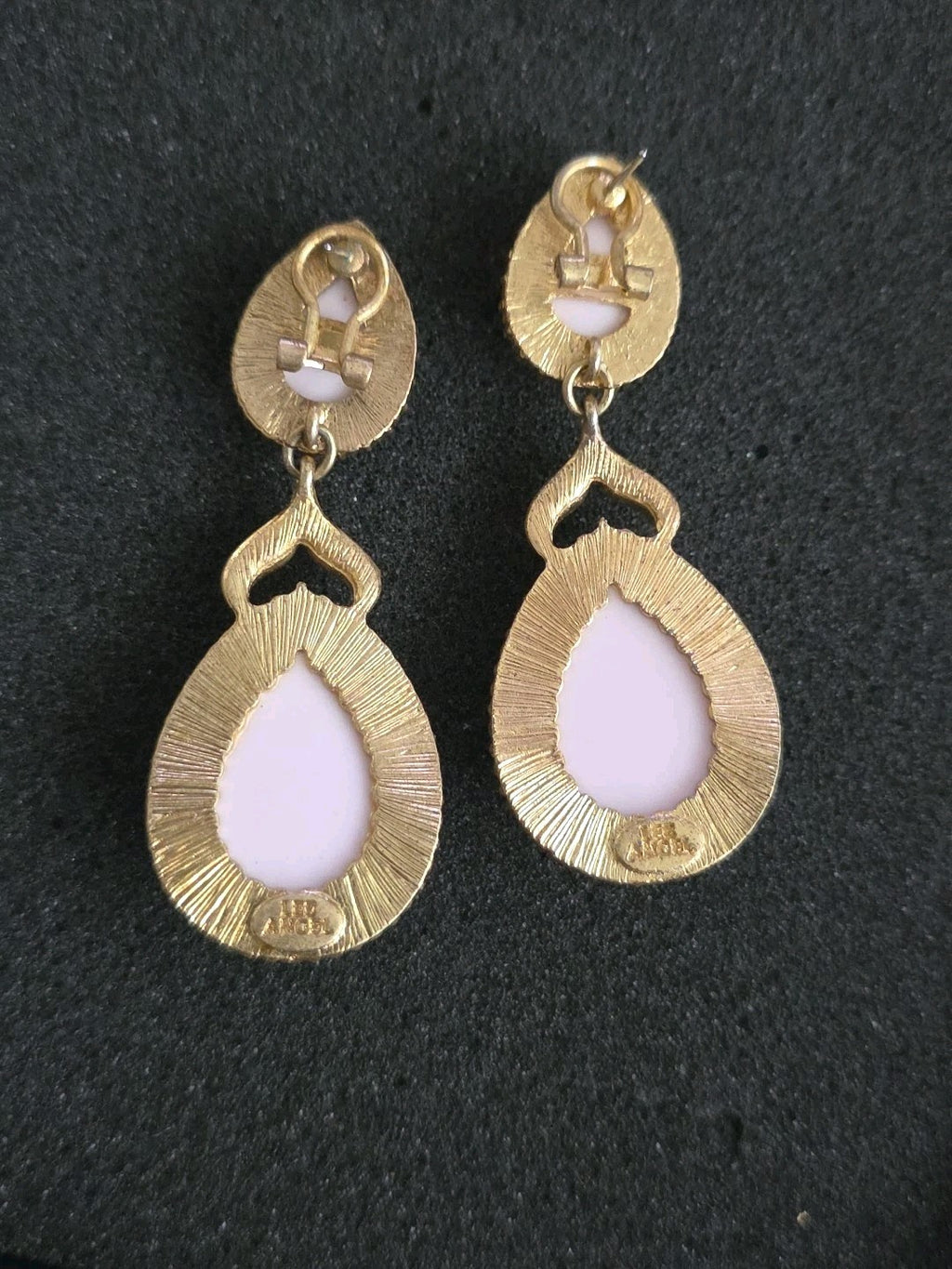 VTG LEE ANGEL Gold Tone Pink White Rhinestone Omega Back Dangle Earrings