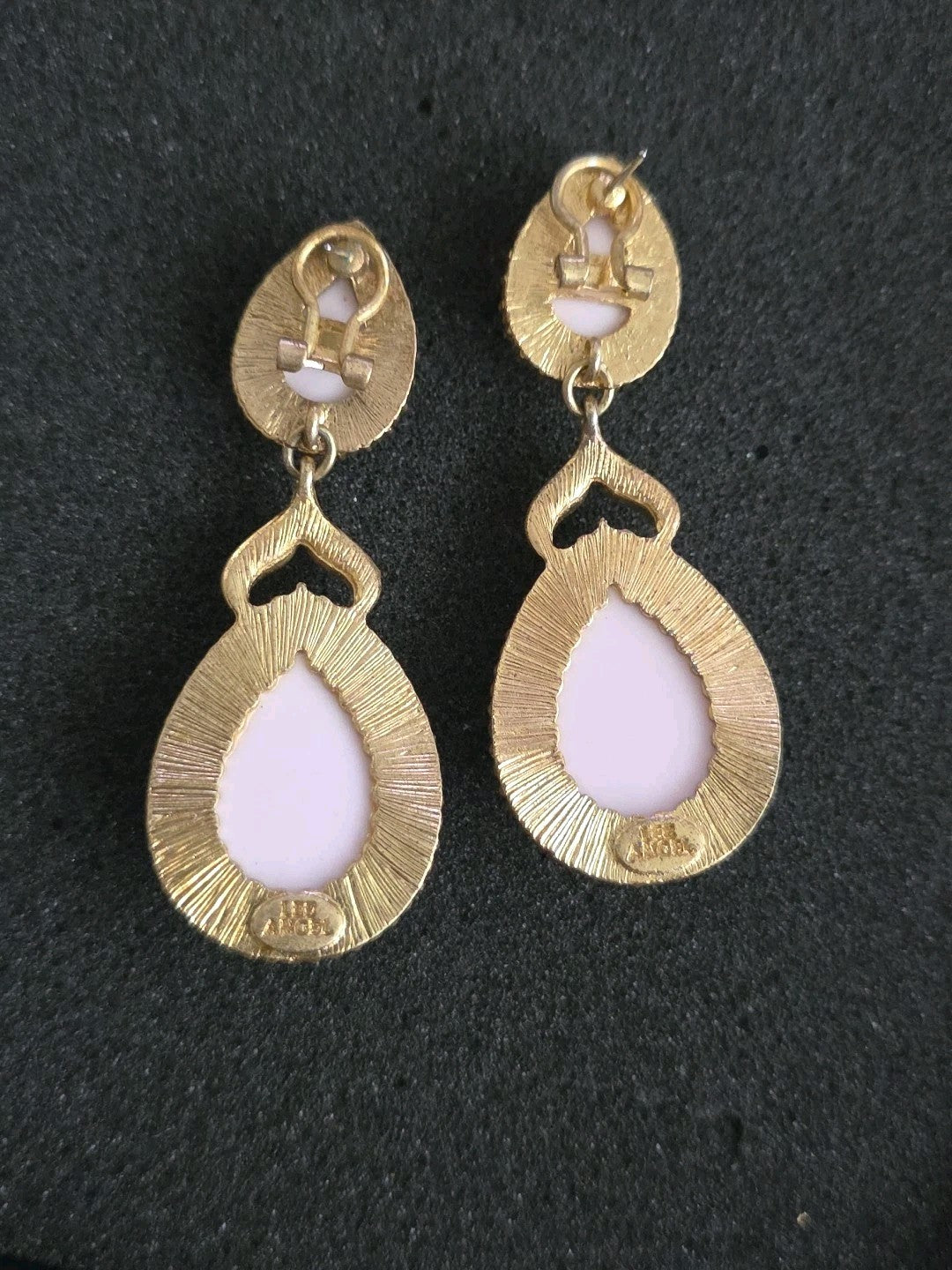 VTG LEE ANGEL Gold Tone Pink White Rhinestone Omega Back Dangle Earrings